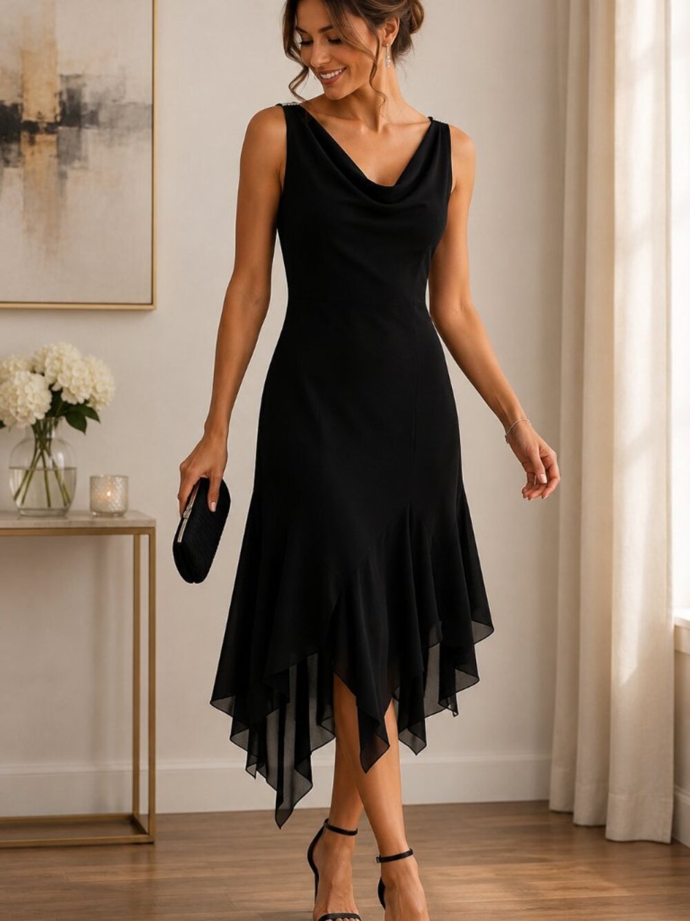 S.L. Fashions Black Cowl Neck Handkerchief Hem Evening Dress - Size 6P